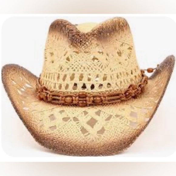 Amazon Accessories - Unisex  Tan cowboy straw  Hat with Bead Accents NWOT